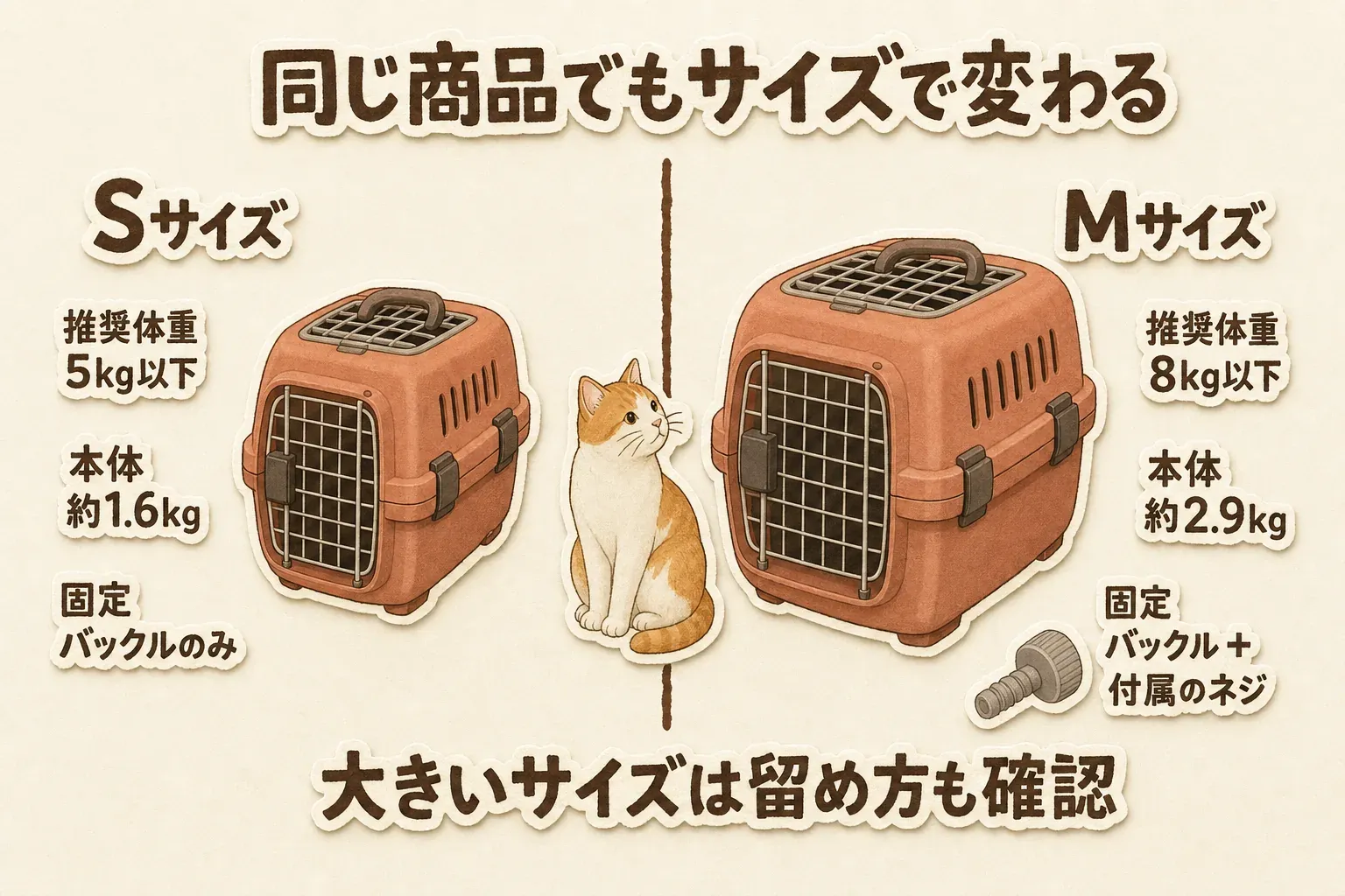 同じ猫用キャリーでも、Sサイズは推奨体重5kg以下・本体約1.6kg・バックルのみで固定し、Mサイズは推奨体重8kg以下・本体約2.9kg・バックルと付属ネジで固定する違いを比較した図