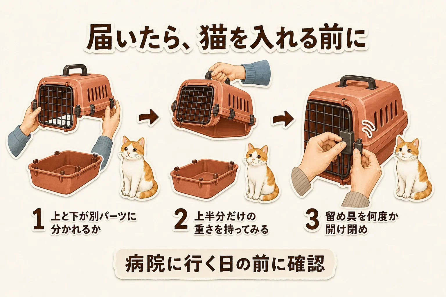 猫用キャリーが届いたら猫を入れる前に、上下が別パーツに分かれるか、上半分だけの重さを持てるか、留め具を何度か開け閉めできるかの3点を確認する手順の図