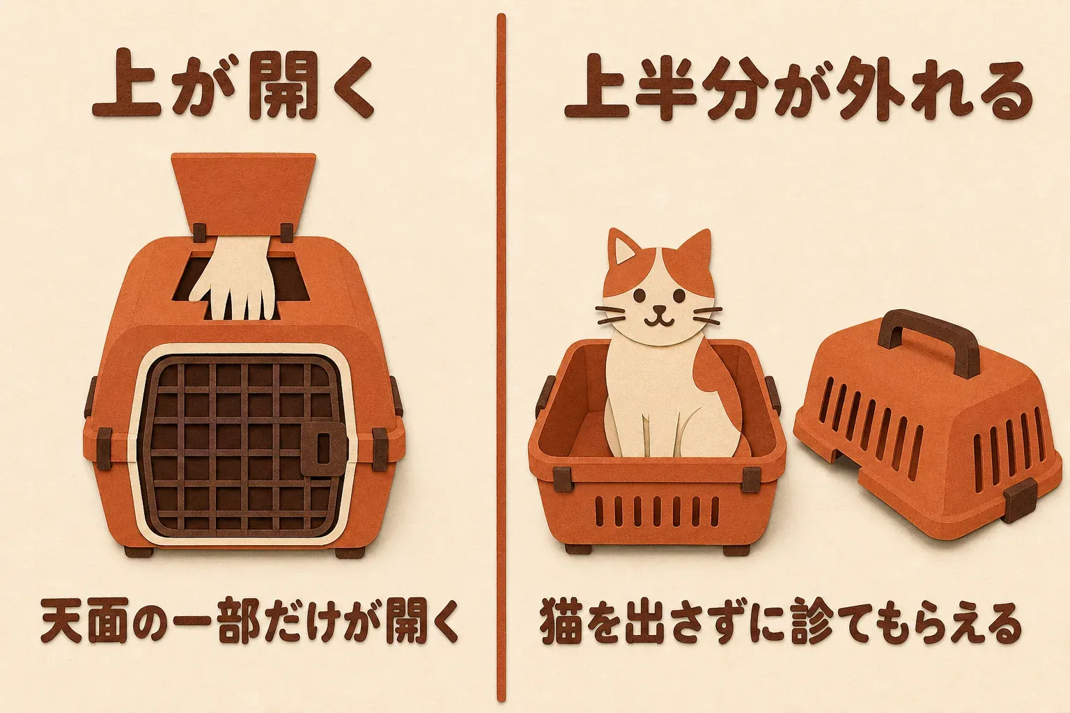 上が開くタイプは天面の一部だけが開き、そこから手を入れて猫を出す。上半分が外れるタイプは上半分ごと取り外せるので、猫を出さずに診てもらえる