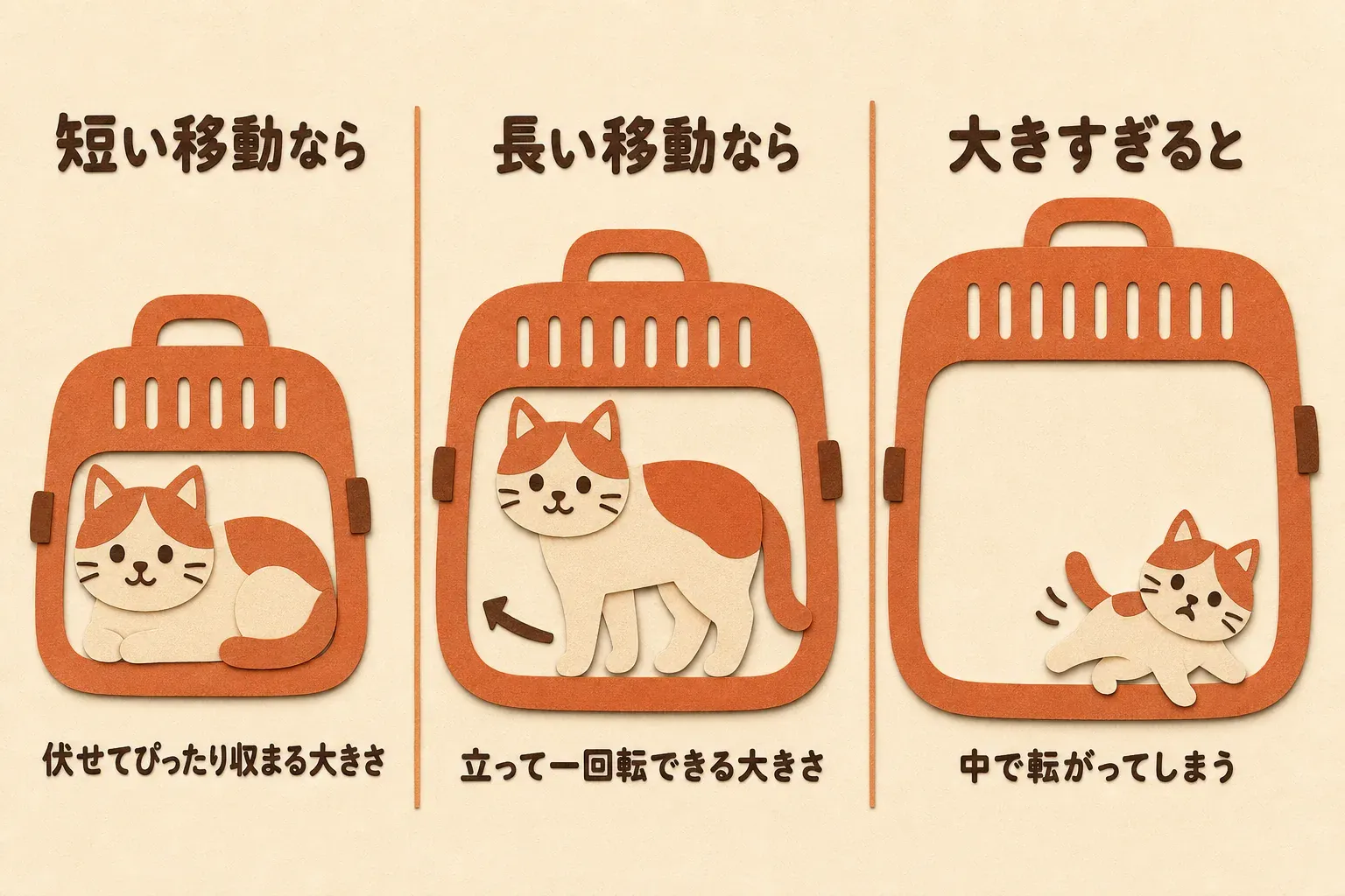 短い移動なら伏せてぴったり収まる大きさ、長い移動なら立って一回転できる大きさ。大きすぎると猫が中で転がってしまう