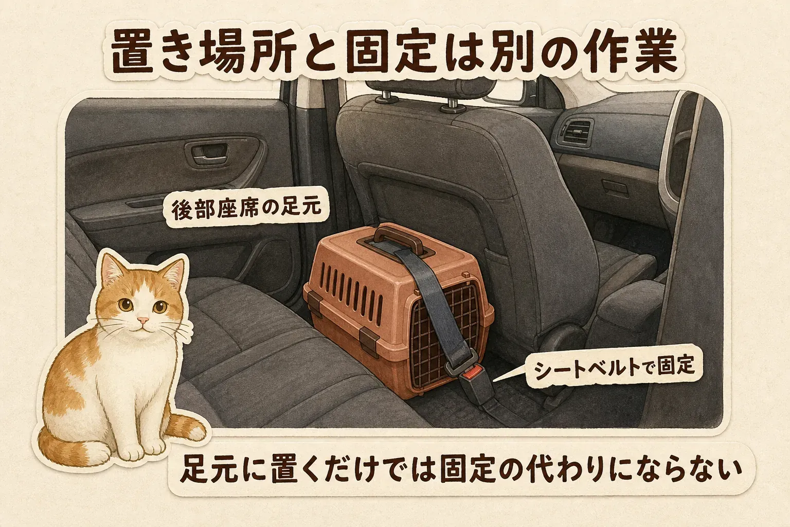 猫用キャリーを後部座席の足元に置き、シートベルトで固定した車内の様子。足元に置くだけでは固定の代わりにならないことを示す図