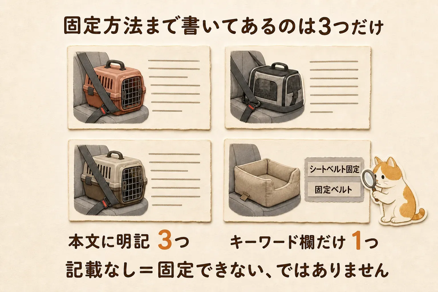 シートベルト固定の方法まで商品説明本文に明記されているキャリーが3つ、関連キーワード欄だけに固定ベルトやシートベルト固定とある商品が1つで、記載がないことは固定できないことを意味しないと示す図