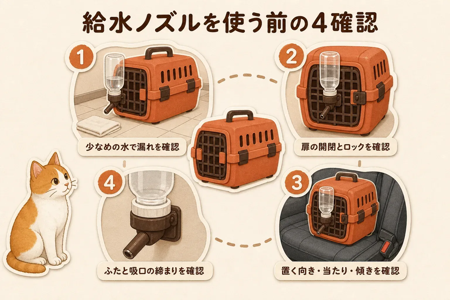 給水ノズルを使う前の4項目として、少なめの水で漏れを確認する、キャリーの扉の開閉とロックを確認する、車内での置く向き・周囲への当たり・傾きを確認する、ふたと吸口の締まりを確認する手順を示す図