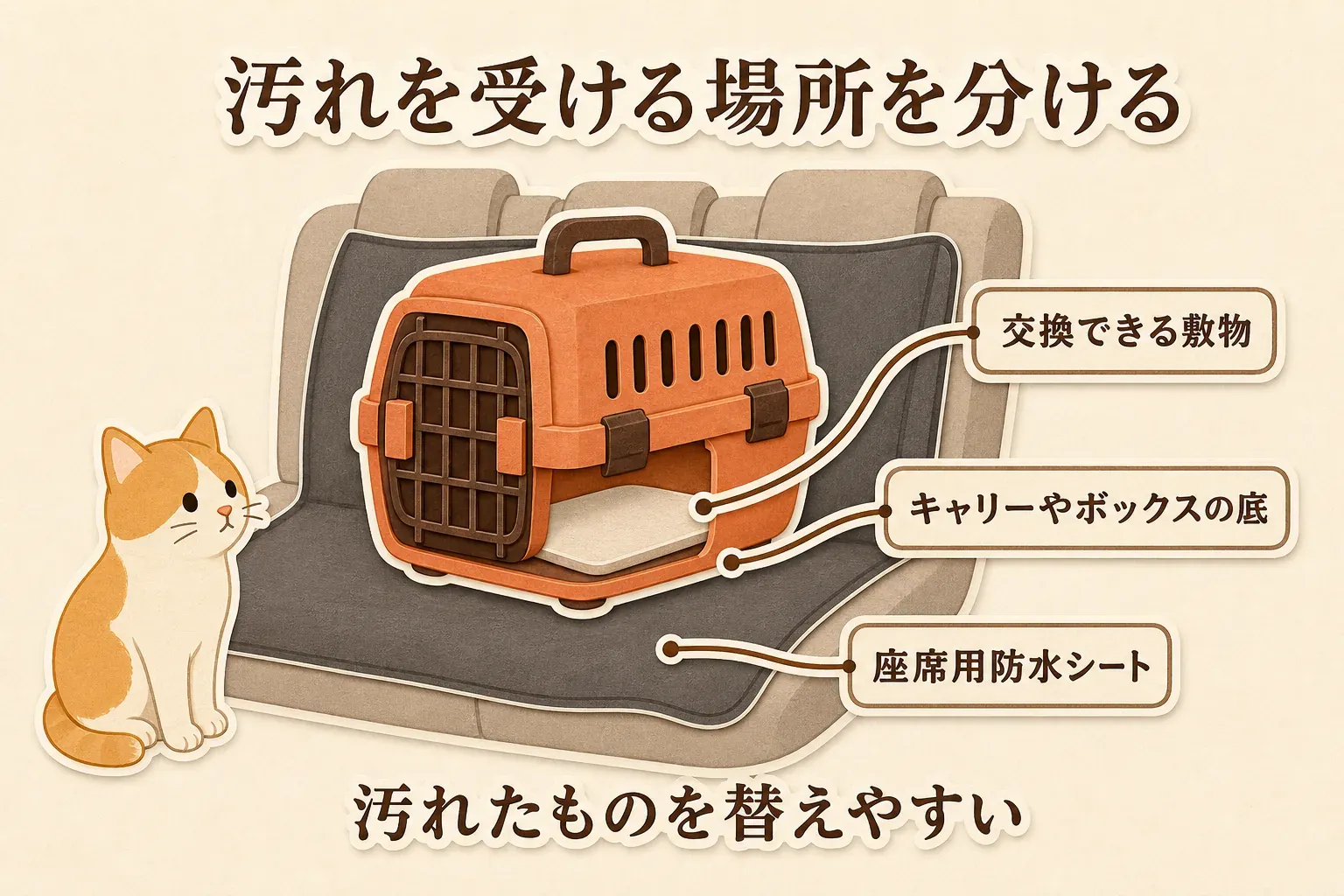 車の後部座席で、キャリーやボックスの底に交換できる敷物を敷き、その下に座席用防水シートを重ねる様子。猫に近い順に汚れを受ける場所を分け、汚れたものを替えやすくする三層構造を示す図