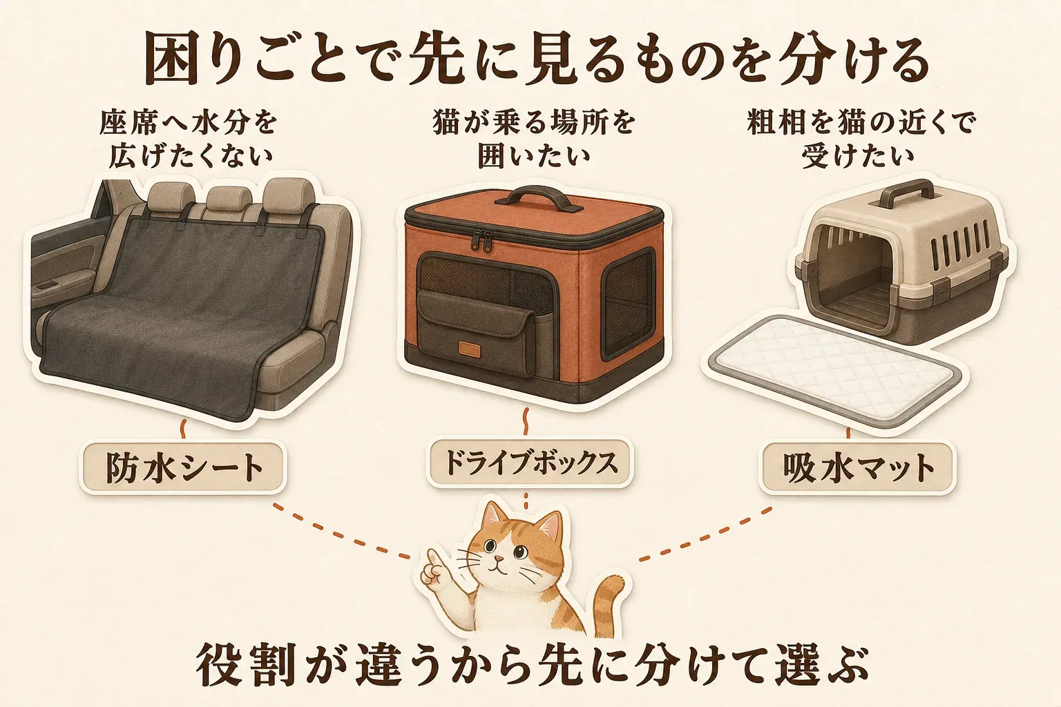 困りごと別に先に見る用品を示す図。座席へ水分を広げたくない場合は防水シート、猫が乗る場所を囲いたい場合はドライブボックス、粗相を猫の近くで受けたい場合は吸水マットを選び、役割を分けて選ぶことを説明している