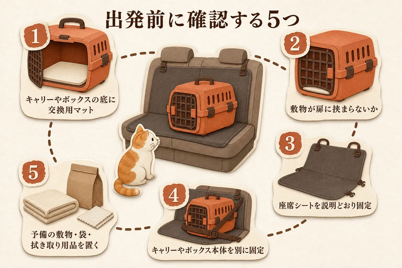 猫を車で移動させる出発前の5つの確認を示す図。キャリーやボックスの底に交換用マットを敷く、敷物が扉に挟まらないか確かめる、座席用シートを説明どおり固定する、キャリーやボックス本体を別に固定する、予備の敷物・袋・拭き取り用品を置く手順を描いている