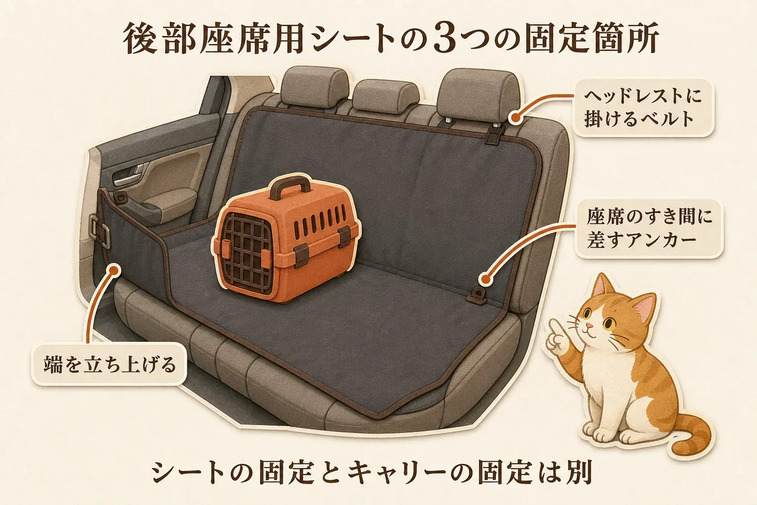 後部座席用の防水シートを固定する3箇所として、ヘッドレストに掛けるベルト、座席のすき間に差すアンカー、左右の端を立ち上げる構造を示し、シートの固定とキャリーの固定は別であることを説明する図