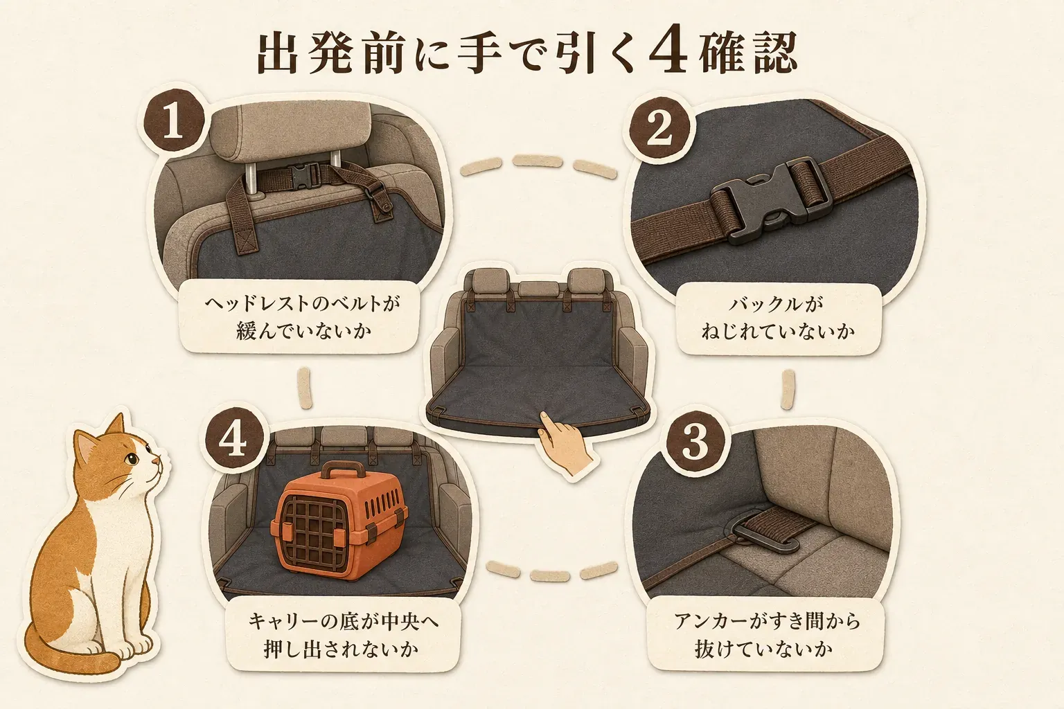 出発前に防水シートを手で引いて確認する4項目として、ヘッドレストのベルトの緩み、バックルのねじれ、座席のすき間に差したアンカーの抜け、キャリーの底がシート中央へ押し出されないことを示す図