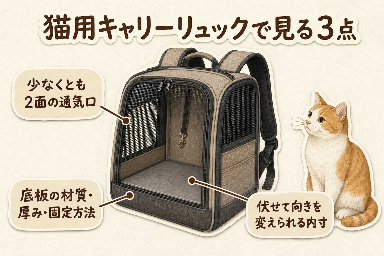 猫用キャリーリュックで確認する3点として、少なくとも2面の通気口、底板の材質・厚み・固定方法、猫が伏せて向きを変えられる内寸を、リュックと猫のイラストで示す図