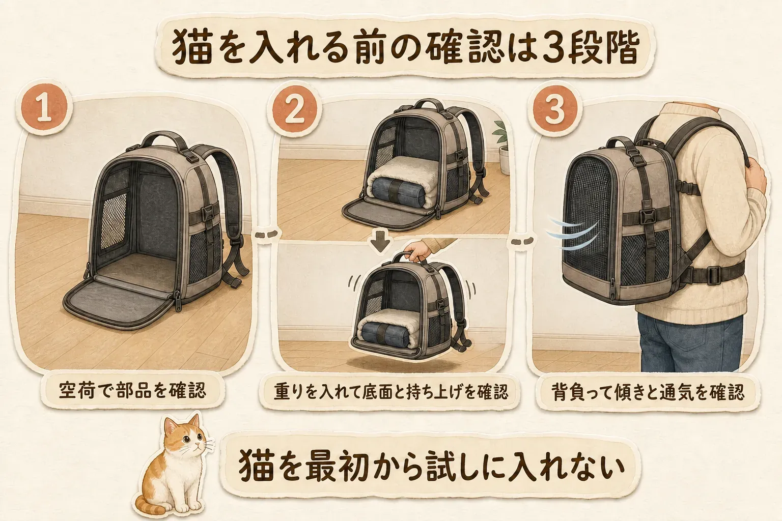 猫をキャリーリュックに入れる前の確認を、空荷で部品を確認する、猫と敷物に近い重りを入れて底面と持ち上げを確認する、背負って傾きと通気を確認する、の3段階で示し、猫を最初から試しに入れないよう促す図