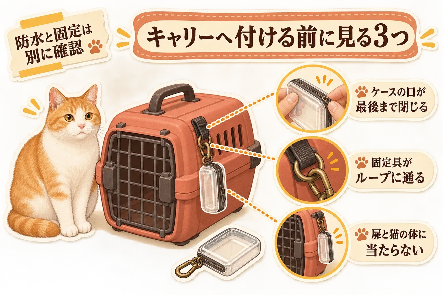 猫キャリーへカードケースを付ける前に、防水ケースの口が最後まで閉じること、固定具がキャリーのループに通ること、ケースが扉や猫の体に当たらないことの3点を確認する図