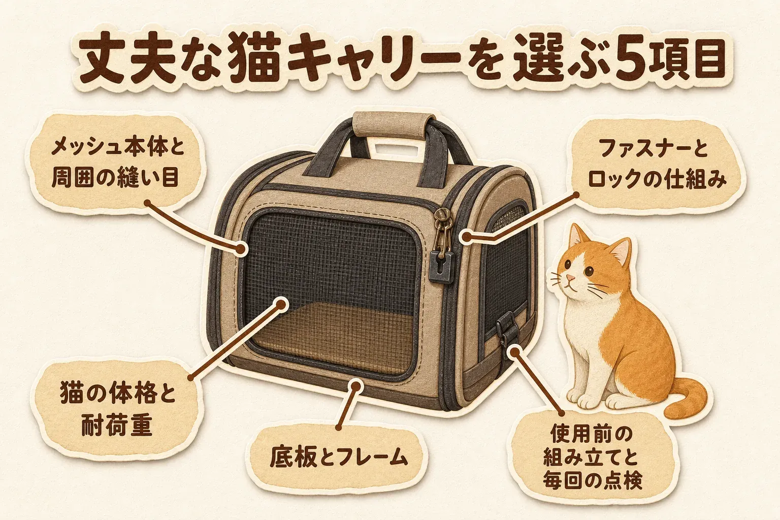 丈夫な猫キャリーを選ぶ5項目として、メッシュ本体と周囲の縫い目、ファスナーとロックの仕組み、底板とフレーム、猫の体格と耐荷重、使用前の組み立てと毎回の点検をキャリーの図で示す