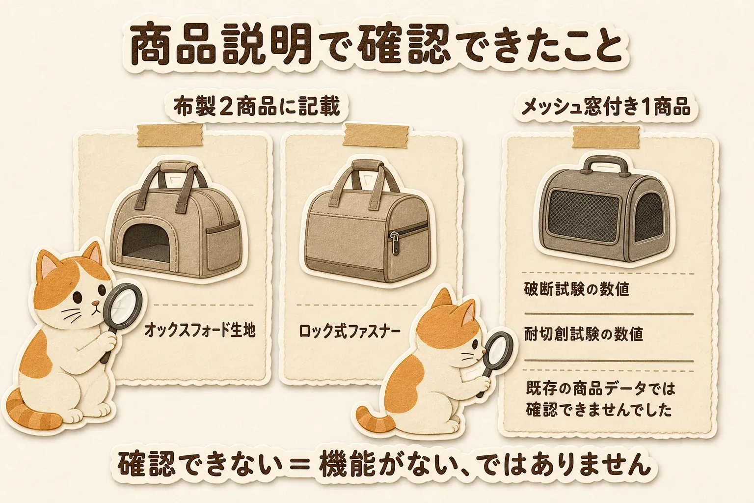 楽天の商品説明と既存の商品データをもとに、布製キャリー2商品ではオックスフォード生地とロック式ファスナーの記載を確認できた一方、メッシュ窓付き1商品の破断試験・耐切創試験の数値は確認できなかったことを示す図。確認できないことは機能がないことを意味しない