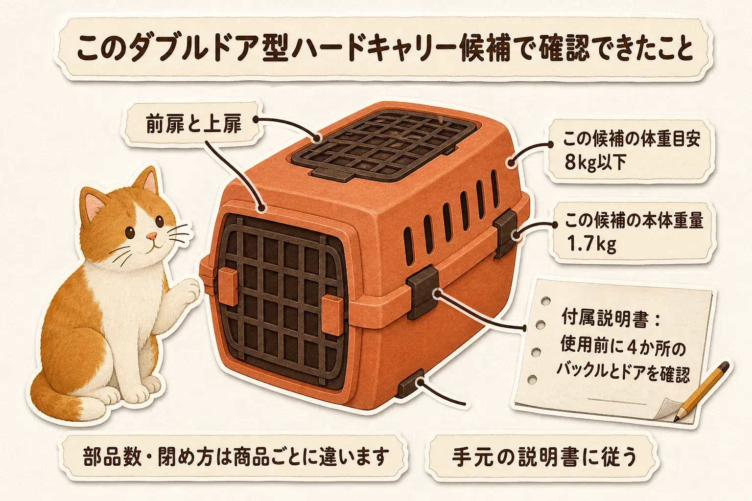 楽天の商品説明とリッチェル公式取扱説明書をもとに、ダブルドア型ハードキャリー候補の前扉と上扉、体重目安8kg以下、本体重量1.7kg、使用前に4か所のバックルとドアを確認する案内を示す図