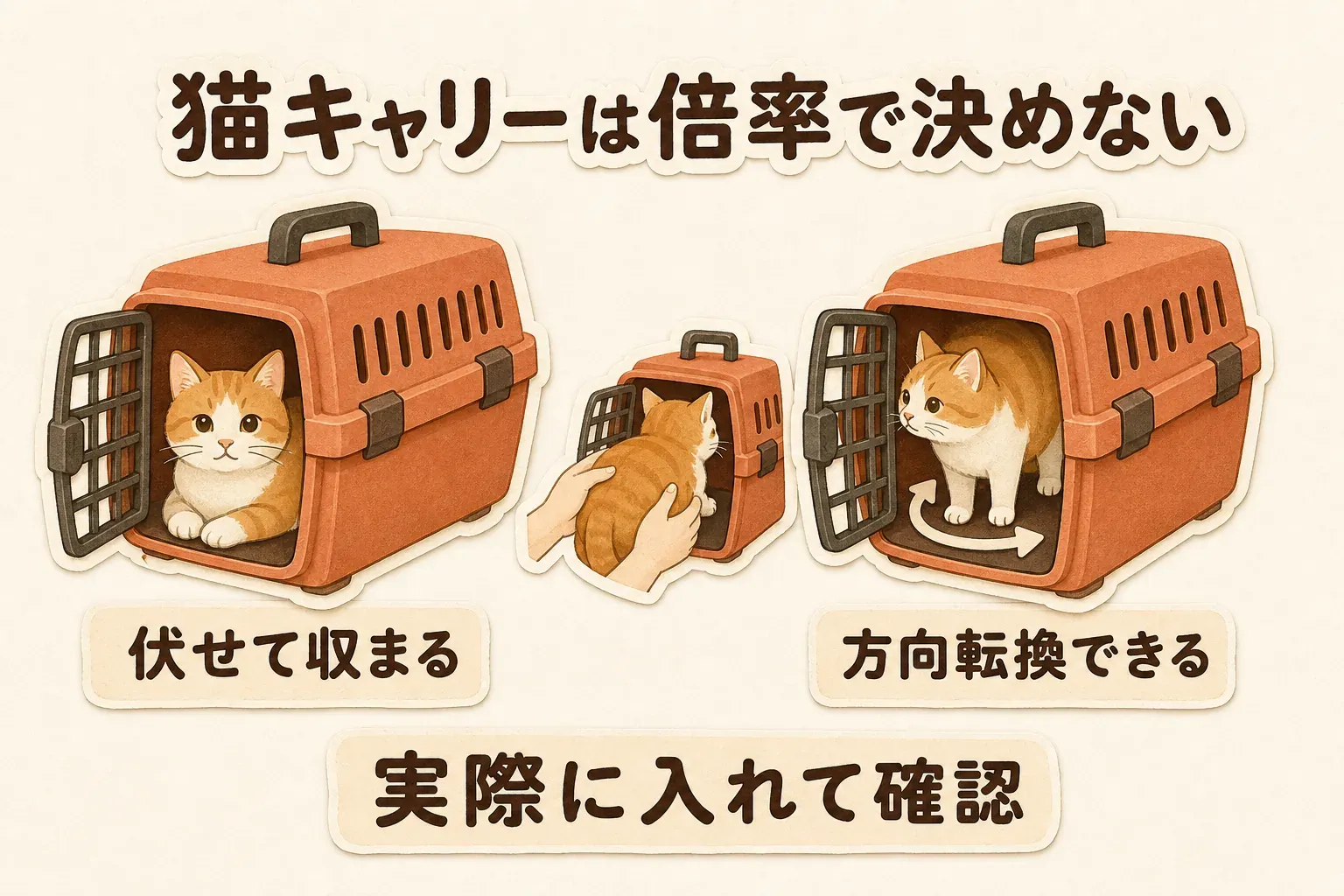猫用キャリーの大きさは体長の倍率では決めず、猫が伏せて収まることと、キャリーの中で方向転換できることを、実際に入れて確認する様子を示す図