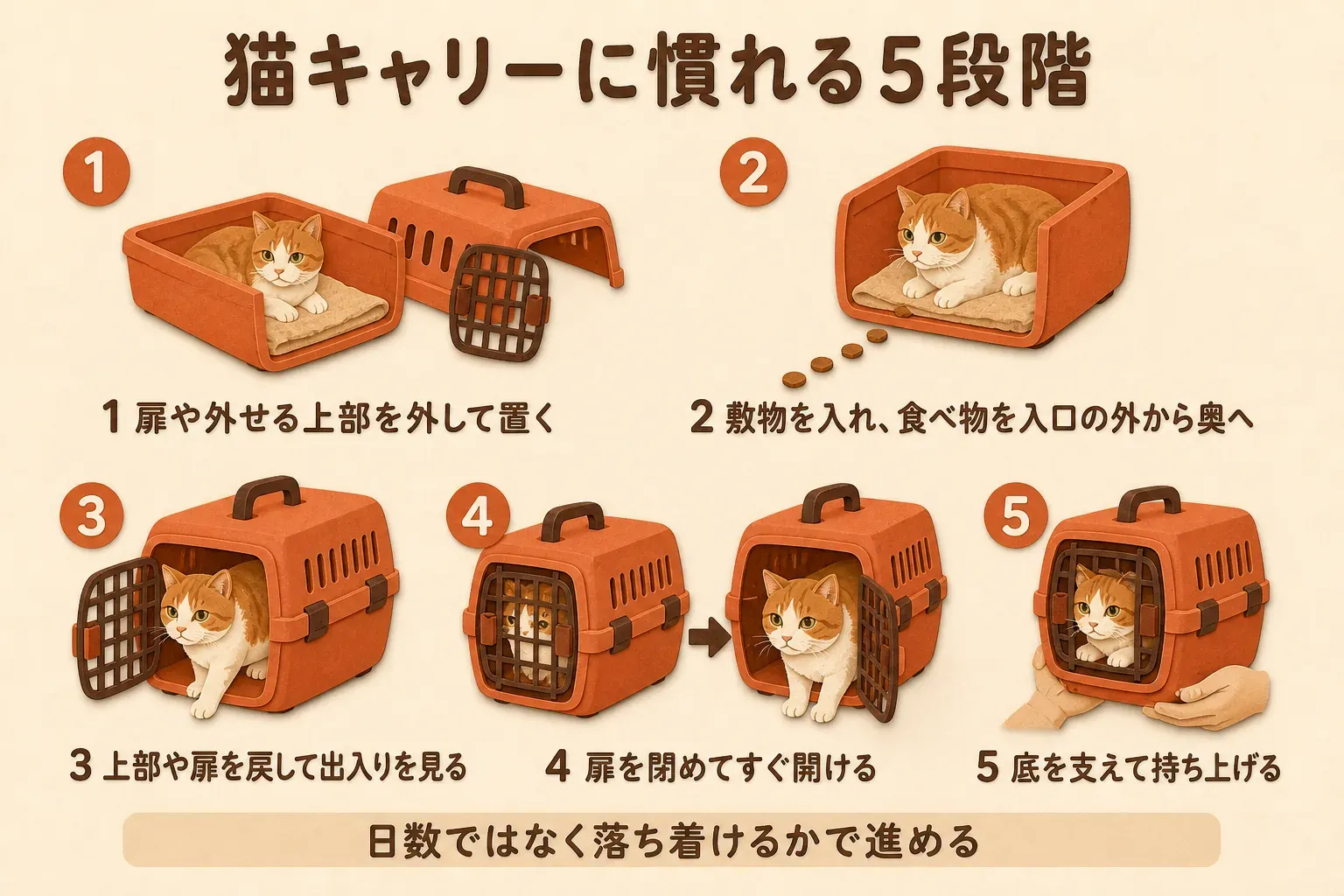 猫をキャリーに慣らす5段階として、扉や外せる上部を外して置く、慣れた敷物を入れて食べ物を入口の外から奥へ移す、上部や扉を戻して出入りを見る、扉を閉めてすぐ開ける、底を支えて持ち上げる順を示す図。日数ではなく猫が落ち着けるかで進める