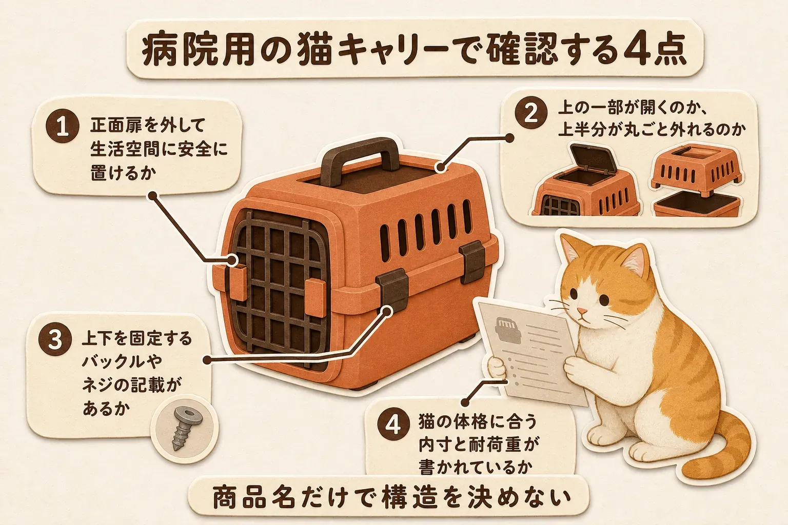病院用の猫キャリーで商品説明を確認する4点として、正面扉を外して生活空間に安全に置けるか、上の一部が開くのか上半分が丸ごと外れるのか、上下を固定するバックルやネジの記載があるか、猫の体格に合う内寸と耐荷重が書かれているかを示す図