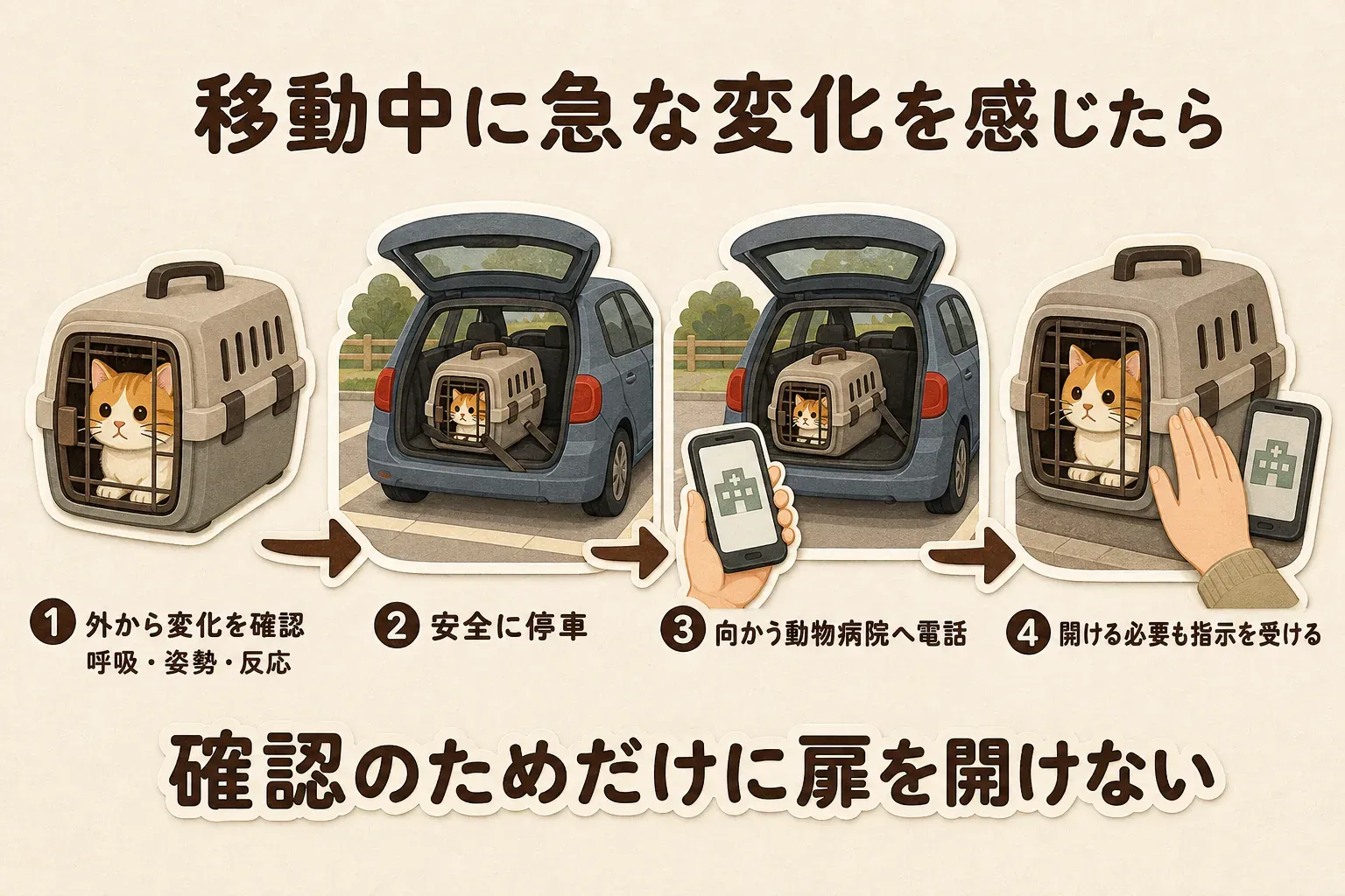 移動中の猫に急な変化を感じたとき、キャリーの外から呼吸・姿勢・反応を確認し、車を安全に停め、向かう動物病院へ電話して、扉を開ける必要がある場合も病院の指示を受けてから対応する4段階の流れを示す図