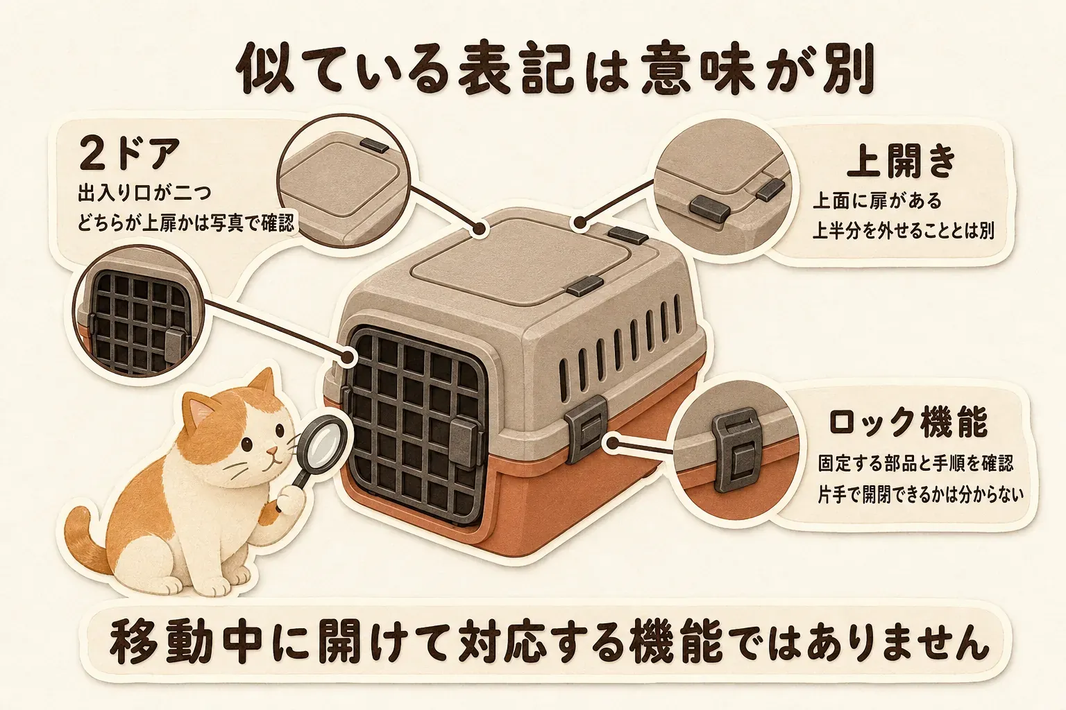 猫キャリーの似た表記の違いとして、2ドアは出入り口が二つありどちらが上扉か写真で確認すること、上開きは上面に扉があるが上半分を外せる意味ではないこと、ロック機能は固定部品と手順の確認が必要で片手で開閉できるとは限らないことを示す図