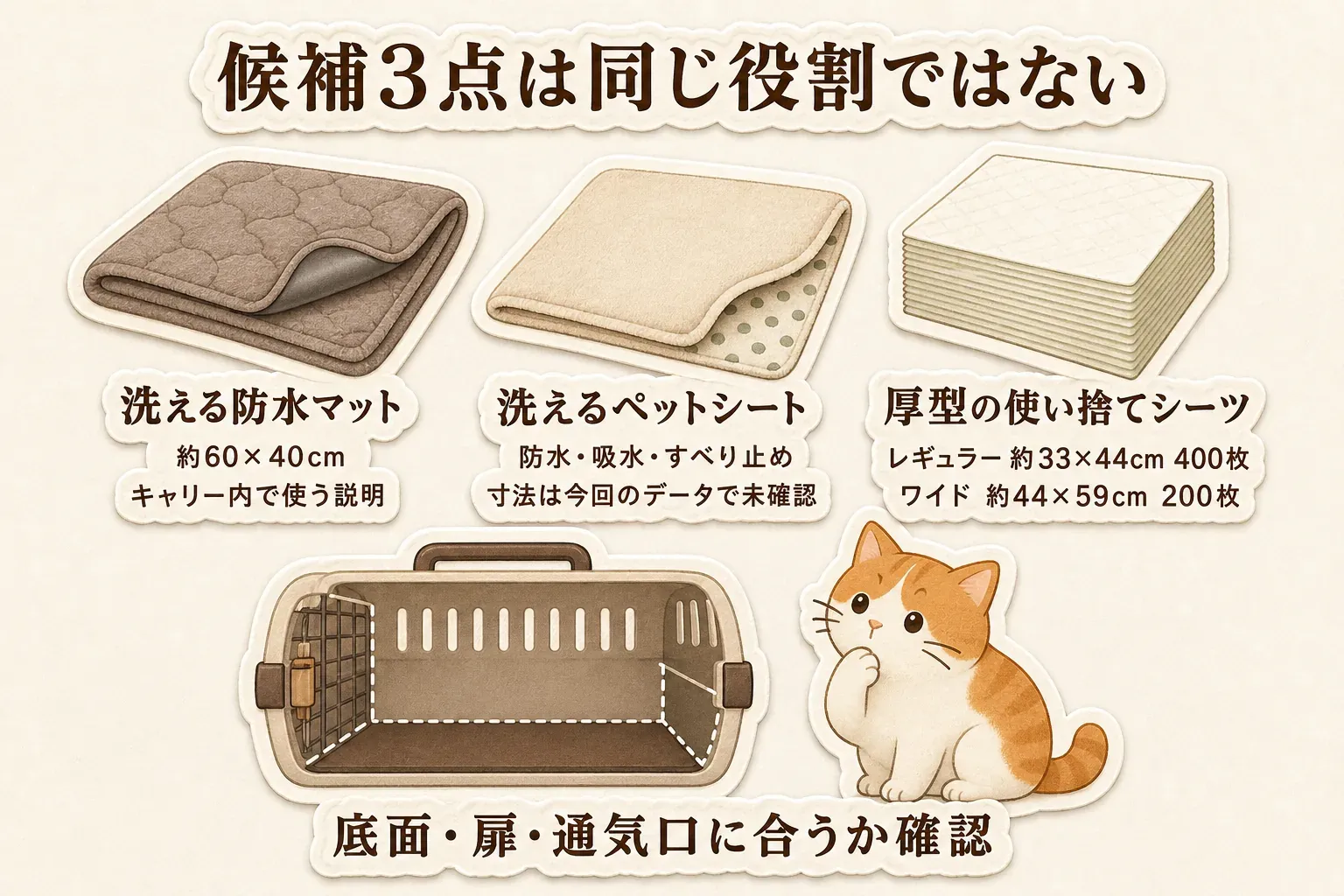 ペットキャリー用の候補として、約60×40cmの洗える防水マットは底面保護、サイズ展開のある洗える防水・吸水シートは繰り返し使用、約33×44cmのレギュラーと約44×59cmのワイドの厚型使い捨てペットシーツは交換用として役割とサイズを比較する図