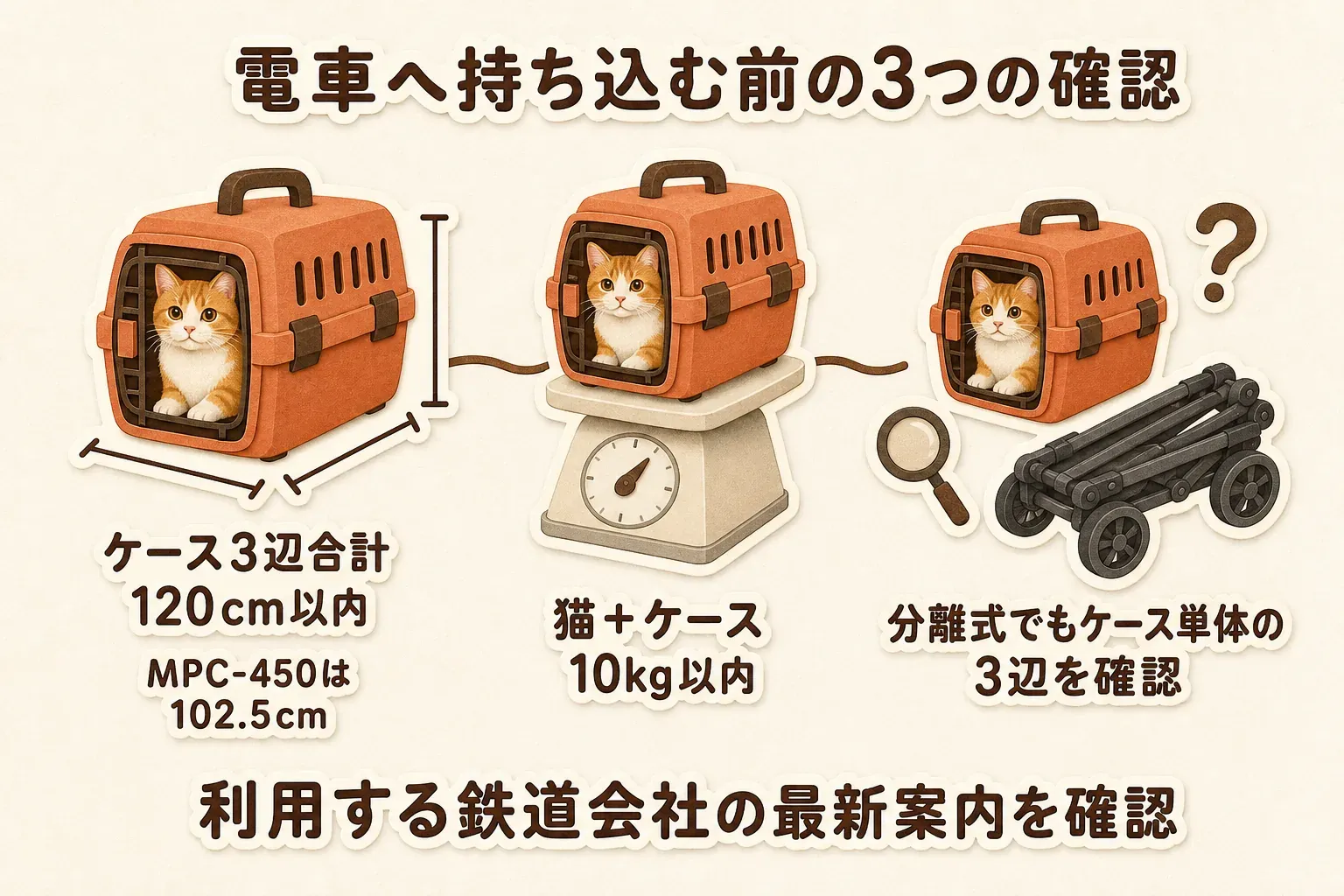 猫を電車へ持ち込む前の確認として、ケースの3辺合計を120cm以内にすること、猫とケースを合わせて10kg以内にすること、分離式ペットカートもケース単体の3辺を確認すること、利用する鉄道会社の最新案内を確認することを示す図。JR東日本の案内に基づく