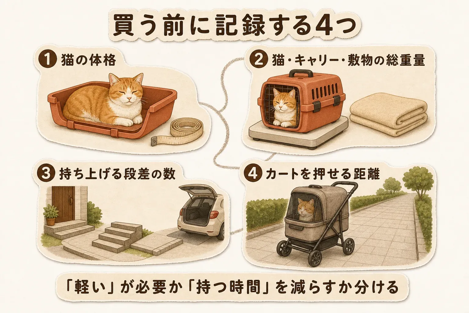 軽量キャリーとペットカートを買う前に記録する4つとして、猫の体格、猫・キャリー・敷物を合わせた総重量、玄関・階段・車など持ち上げる段差の数、ペットカートを押せる距離を示し、軽さが必要か持つ時間を減らすべきかを分けて考える図