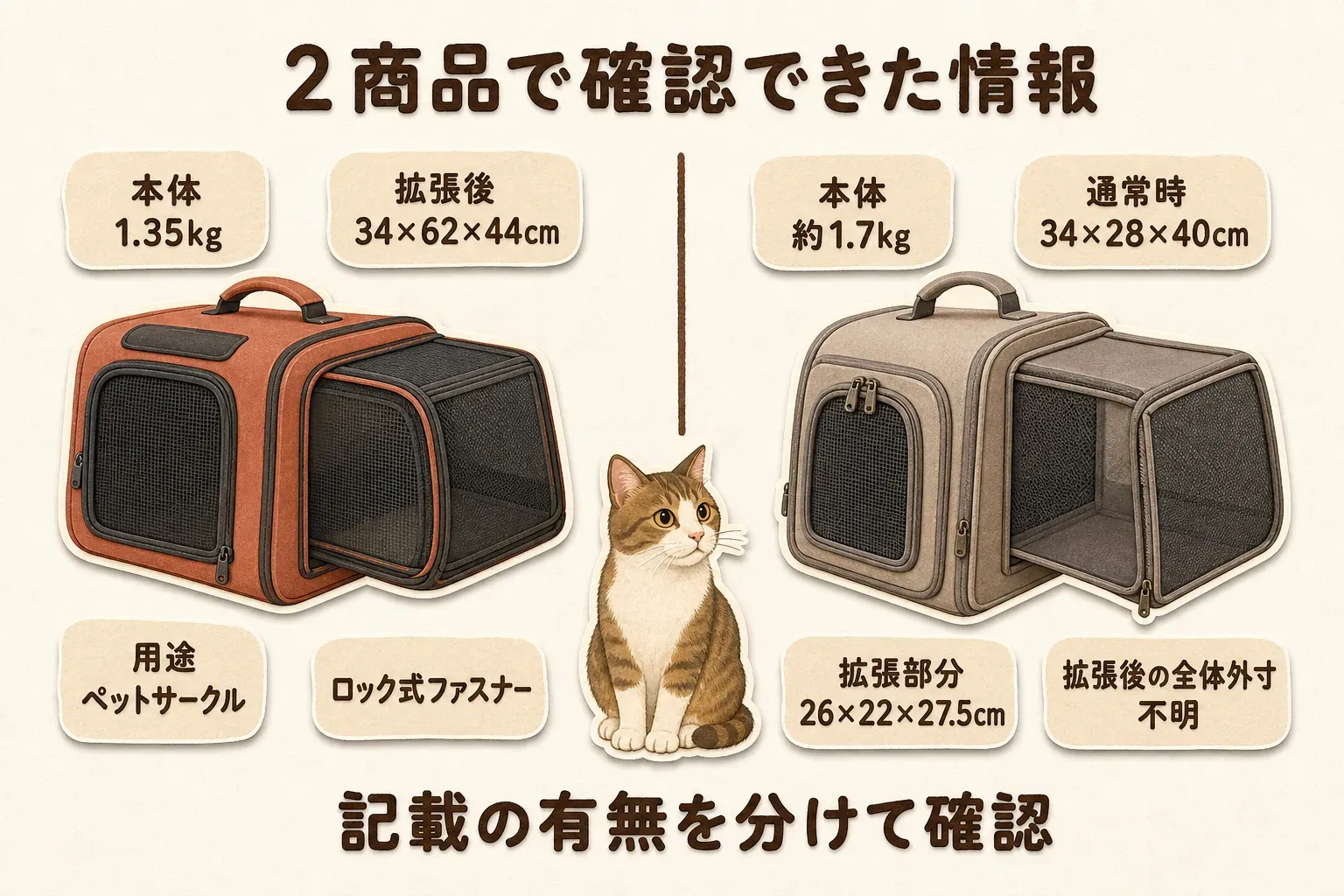 2商品の商品説明で確認できた情報を比較した図。左は本体重量1.35kg、拡張後34×62×44cm、用途はペットサークル、ロック式ファスナー。右は本体重量約1.7kg、通常時34×28×40cm、拡張部分26×22×27.5cm、拡張後の全体外寸は不明。記載の有無を分けて確認することを示す