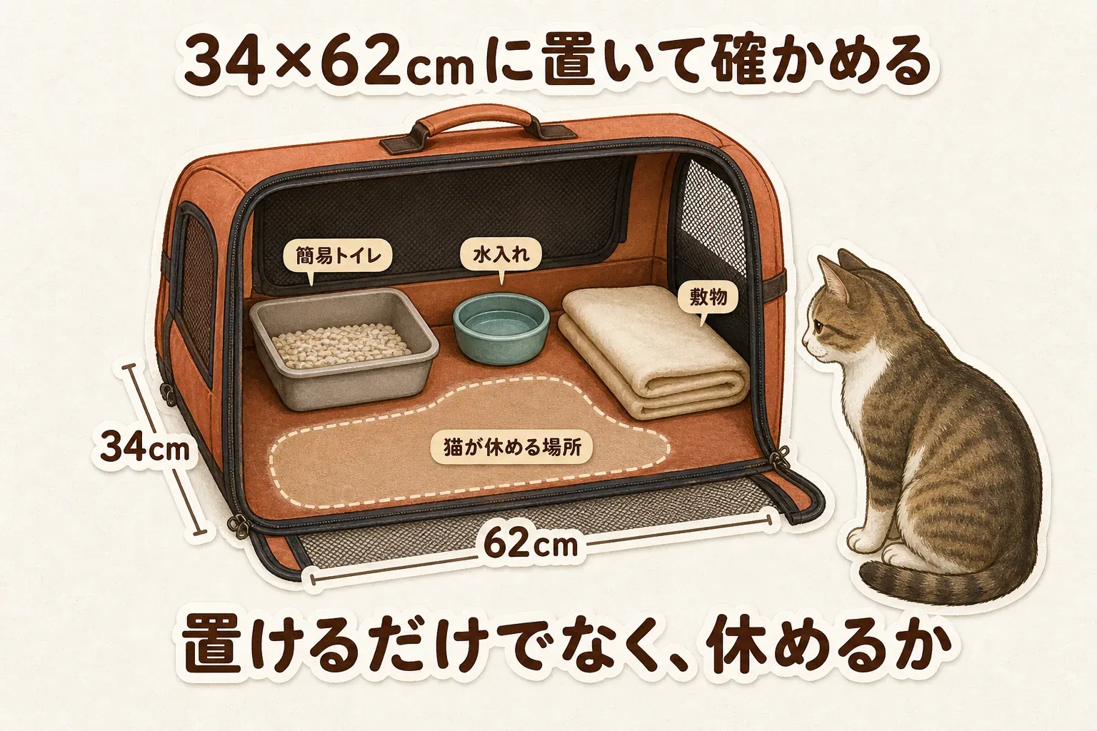 拡張後の床面34×62cmの折りたたみキャリーに、簡易トイレ、水入れ、敷物を置き、猫が休める場所が残るかを確認する図。置けるだけでなく猫が休めるかを確かめることを示す