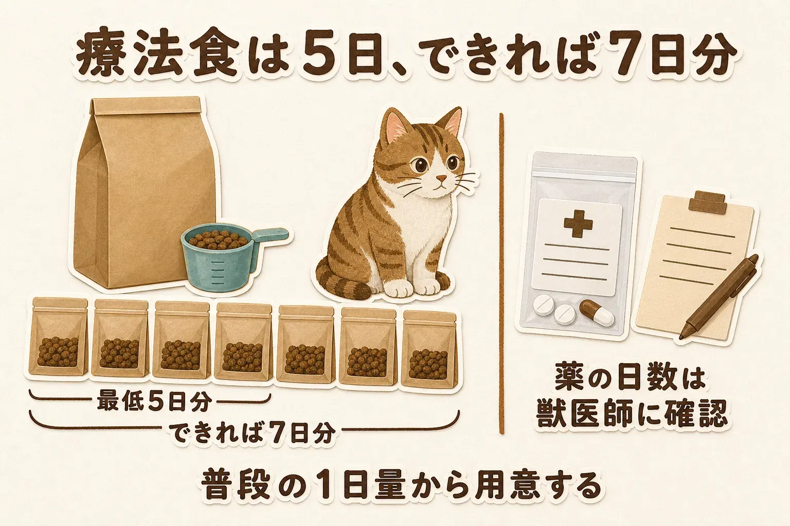 療法食は普段の1日量から最低5日分、できれば7日分を用意する図。小分け袋に入れた療法食と猫を左に、薬袋と記録用メモを右に描き、薬の備蓄日数は獣医師に確認することを示す