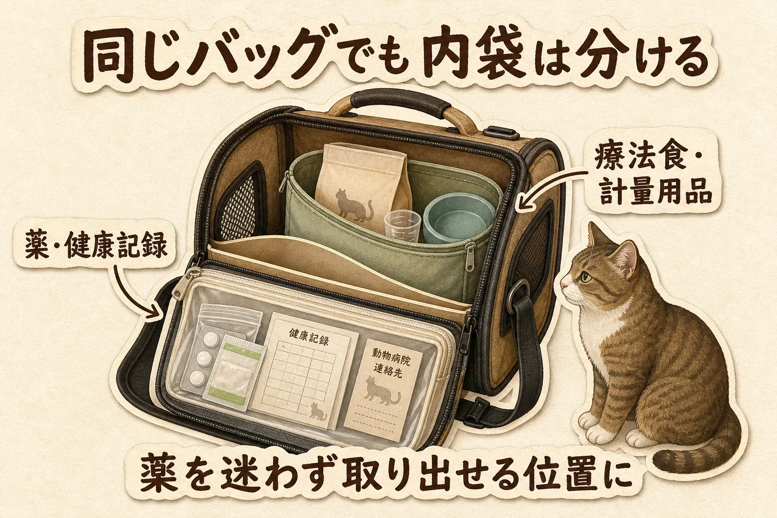 同じ持ち出しバッグに入れる場合も内袋を分ける図。前面の透明ポーチに薬、健康記録、動物病院の連絡先を入れ、バッグの中に療法食、計量カップ、食器を別のポーチで収納し、薬を迷わず取り出せる位置に置くことを示す