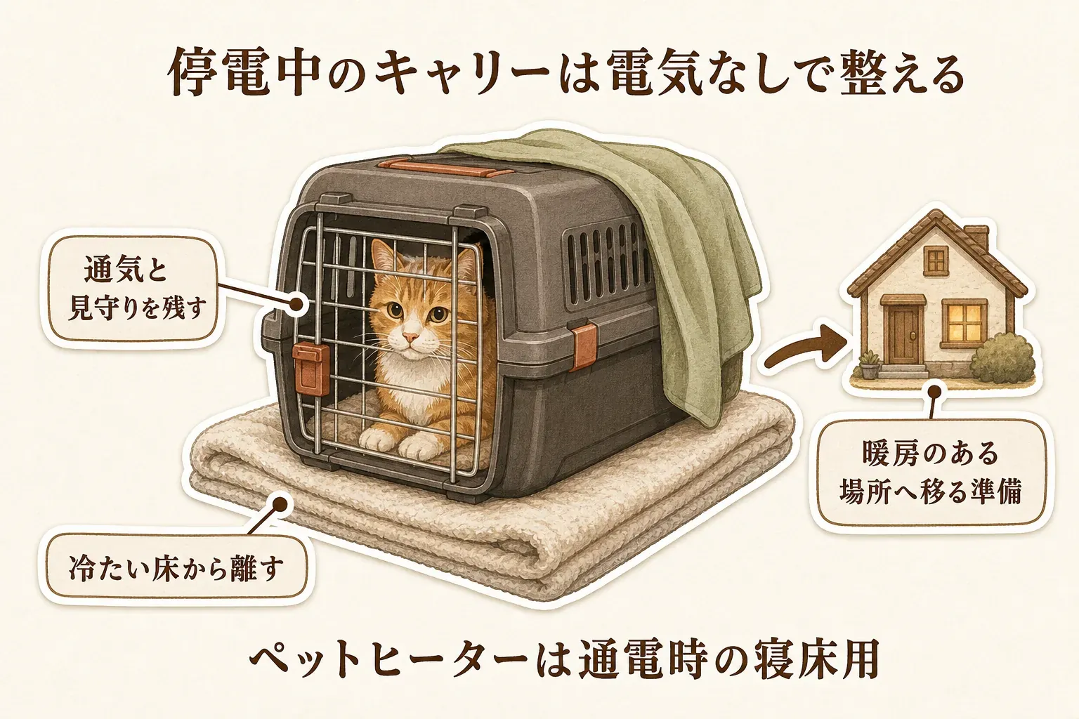 停電中のキャリーでは、猫を毛布の上に置いて冷たい床から離し、側面の布で覆いながらも通気と見守りを残し、暖房のある場所へ移る準備をすることを示す図。ペットヒーターは通電時の寝床用と示している