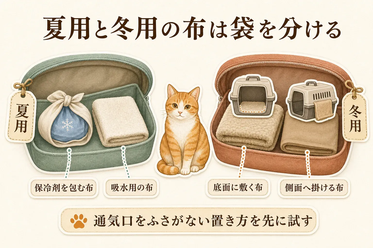 夏用と冬用の防災袋を分ける方法を示す図。夏用には保冷剤を包む布と吸水用の布、冬用にはキャリーの底面に敷く布と側面へ掛ける布を入れ、通気口をふさがない置き方を先に試すよう示している