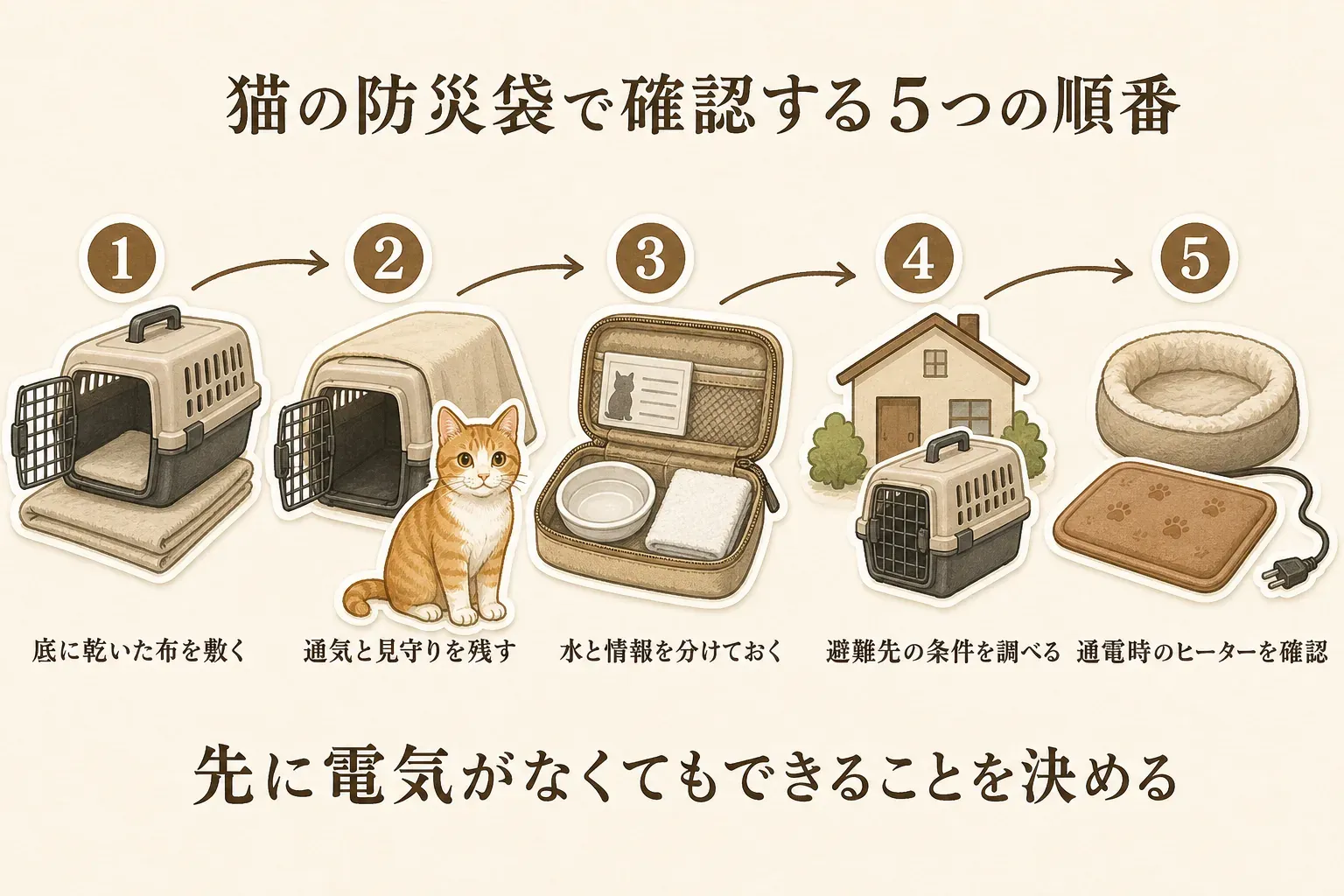 猫の防災袋で確認する5つの順番を示す図。1はキャリーの底に乾いた布を敷く、2は通気と見守りを残す、3は水と猫の情報を分けておく、4は避難先の条件を調べる、5は通電時のペットヒーターを確認するという流れで、先に電気がなくてもできることを決めるよう示している