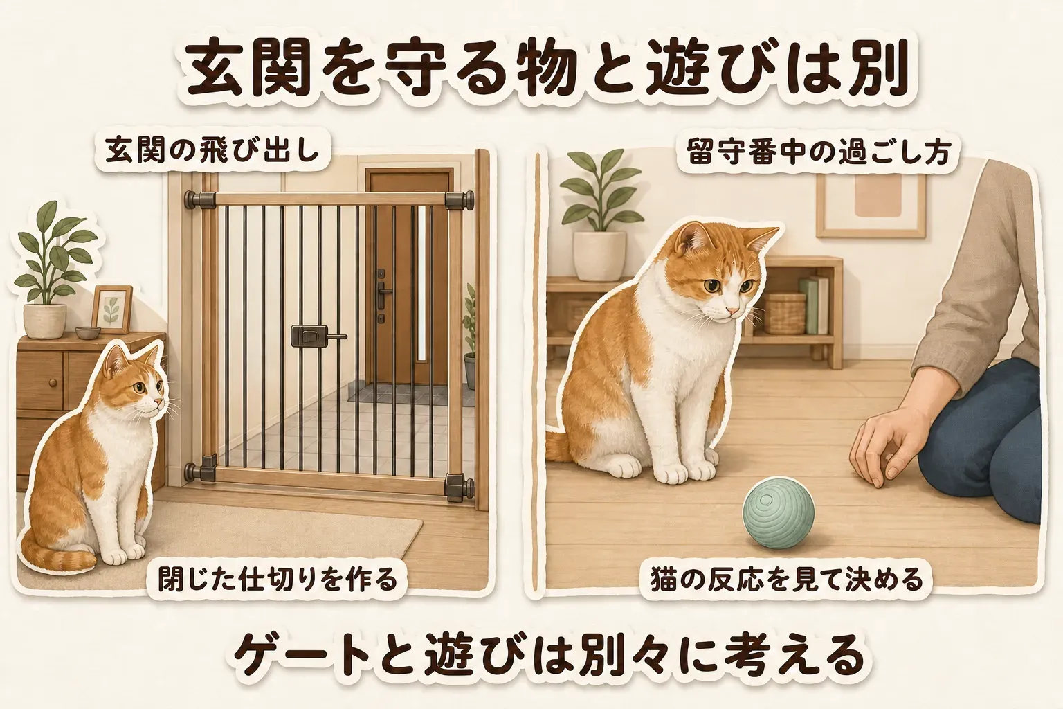 玄関の脱走防止ゲートは猫と玄関ドアの間の通り道を物理的に断つ役割、留守番中の遊び用品は室内での刺激を増やす役割として、二つを別に考えることを示す図