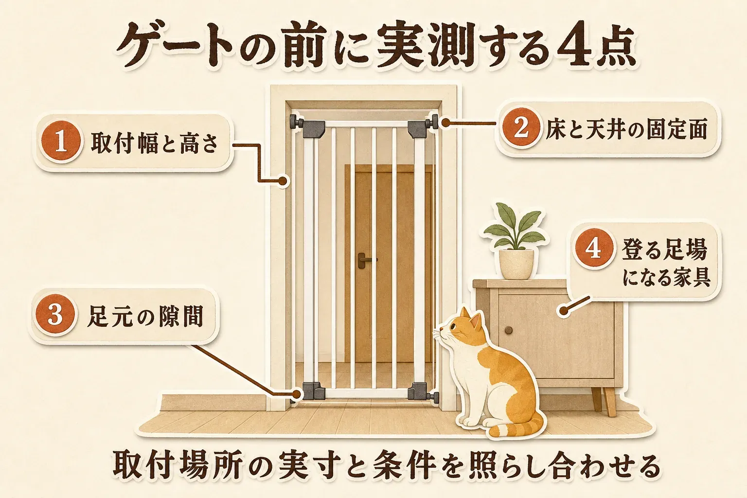 猫の脱走防止ゲートの設置前に、設置場所の幅と高さ、床と天井の固定面、足元の隙間、猫が登る足場になる家具の位置を実測して確認する項目を示す図