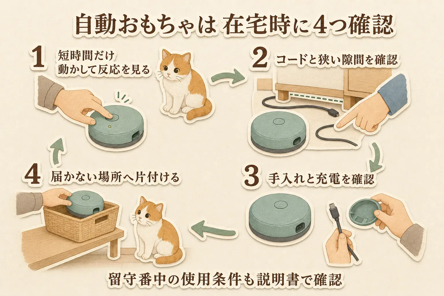 留守番用の自動おもちゃを選ぶ前に、在宅時に猫の反応を見て、床のコード・ひも・狭い隙間を確認し、充電口や動く部分の手入れ方法と片付け場所を確認する流れを示す図