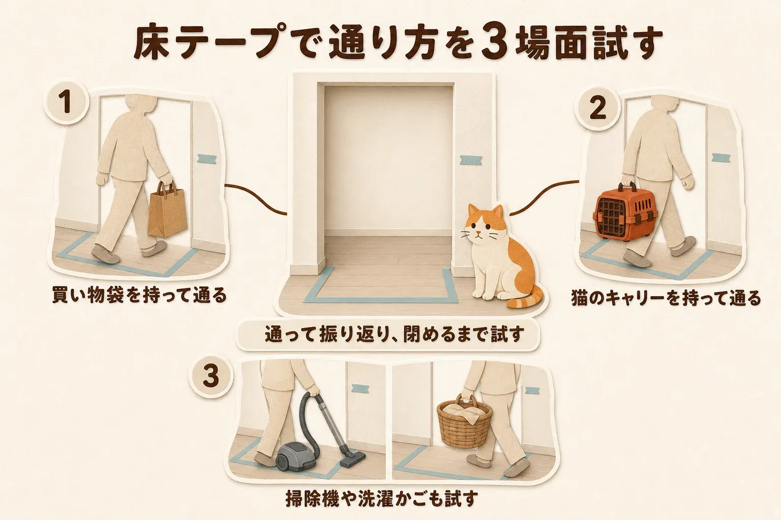 床にテープで扉の幅を示し、買い物袋、猫のキャリー、掃除機、洗濯かごを持って通り、振り返って閉めるまでを試す様子を示す図