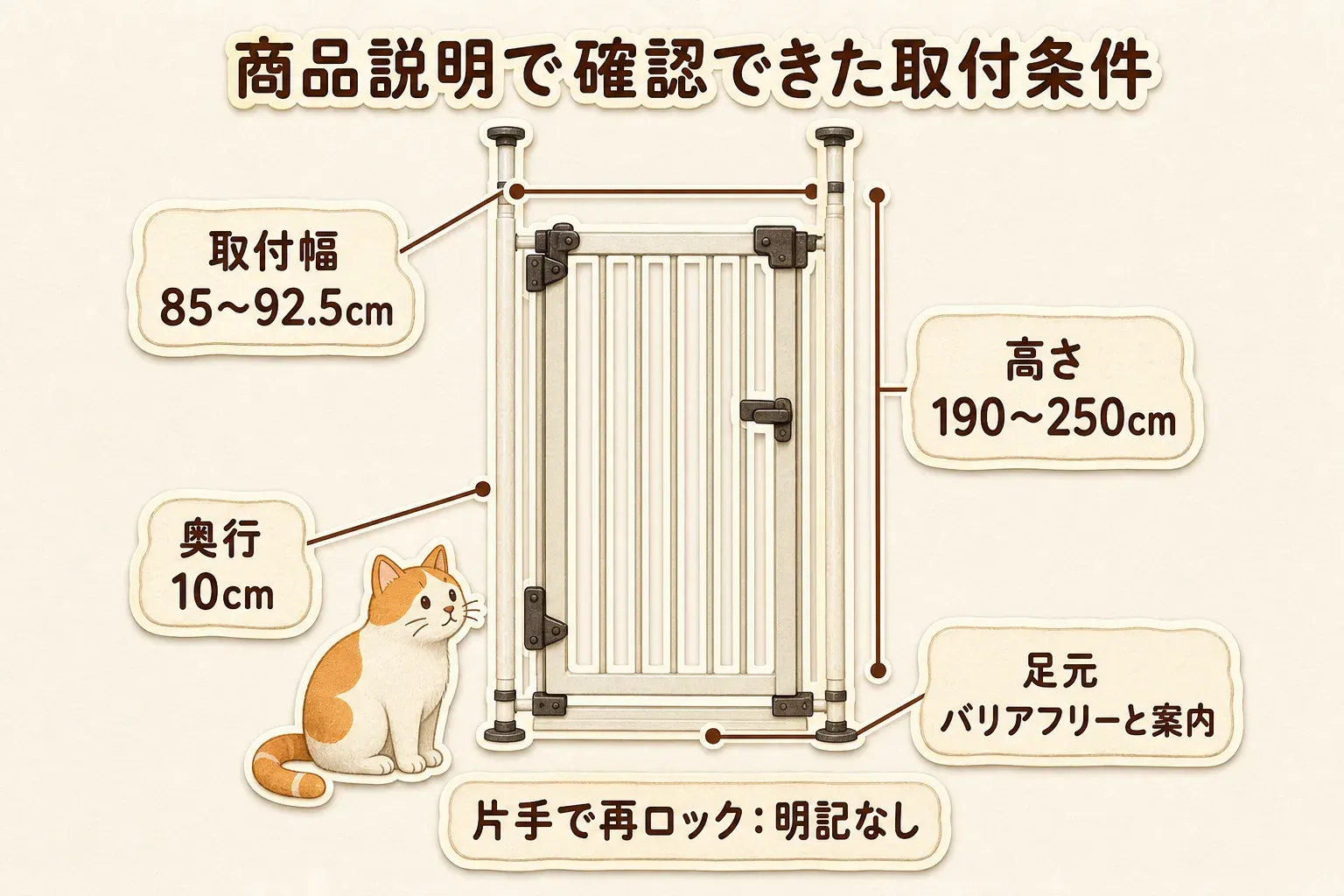 商品説明で確認できた猫用脱走防止ゲートの取付条件として、取付幅85〜92.5cm、高さ190〜250cm、奥行10cm、足元はバリアフリーと案内されていること、片手での再ロックは明記されていないことを示す図