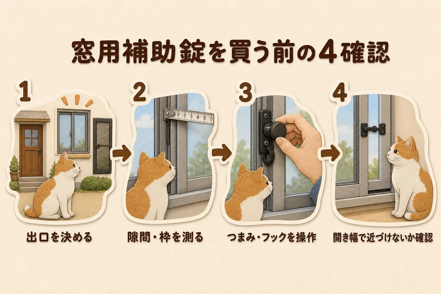 窓用補助錠を買う前の4確認として、出口を決める、サッシの隙間・枠を測る、つまみ・フックを操作する、固定した開き幅で猫が近づけないか確認する手順を示す図