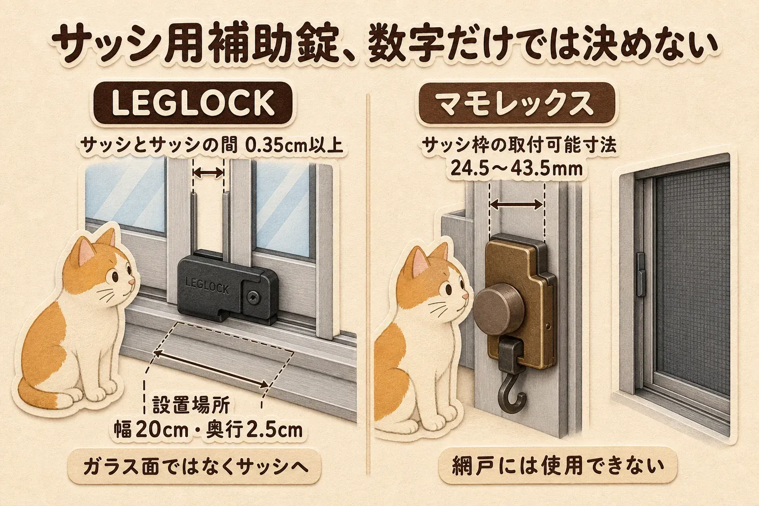 サッシ用補助錠は数字だけで決めないことを、LEGLOCKはサッシ間0.35cm以上・設置場所は幅20cm・奥行2.5cmでガラス面ではなくサッシに取り付ける条件、マモレックスはサッシ枠の取付可能寸法24.5〜43.5mmで網戸には使用できない条件として比較する図