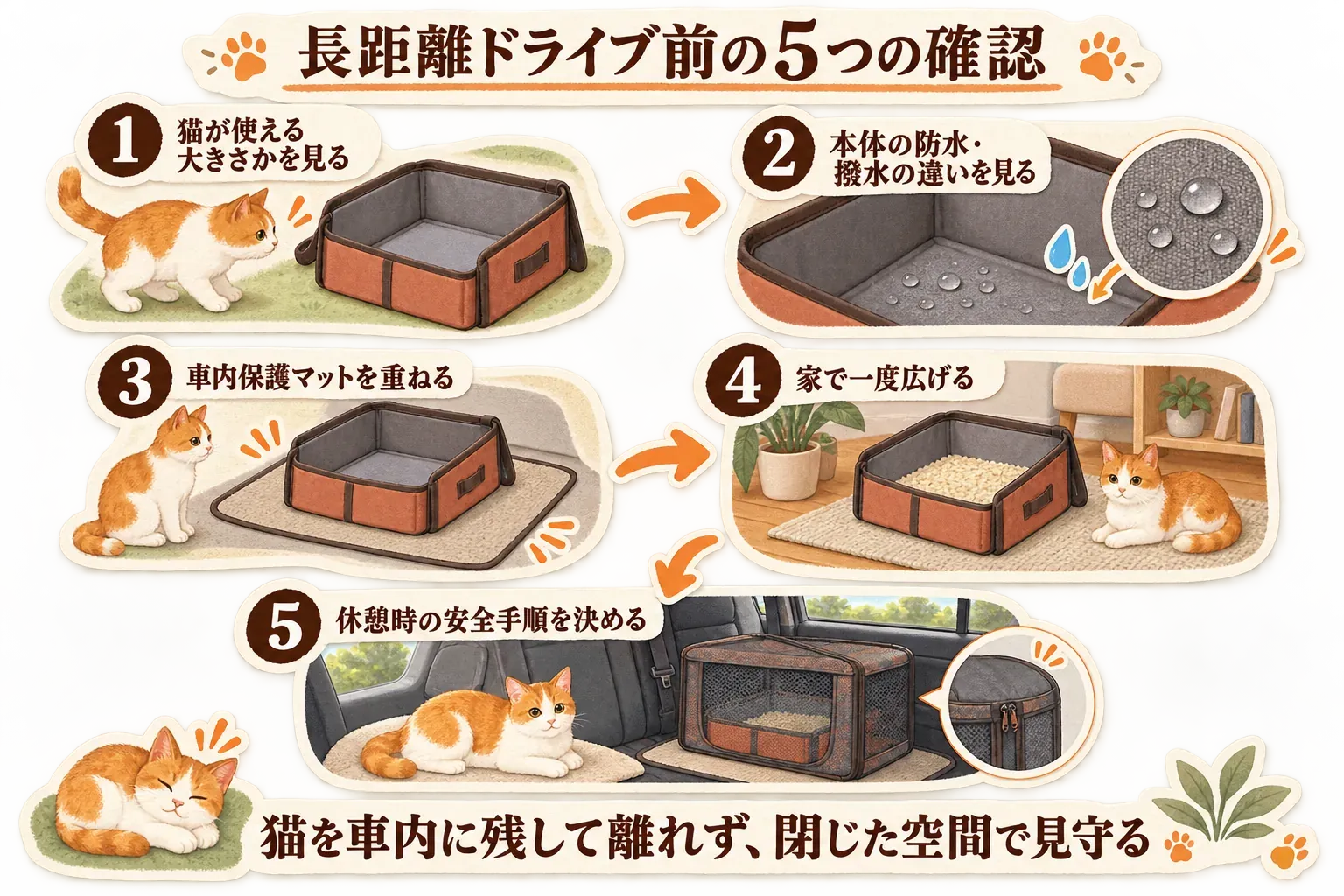 長距離ドライブ前に、猫が使える大きさ、本体の防水・撥水の違い、車内保護マットを重ねること、家で一度広げること、猫を車内に残して離れず閉じた空間で見守る休憩時の安全手順を確認する5項目を示す図