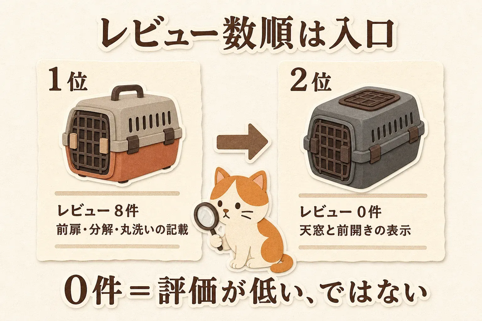 レビュー数順の比較として、1位はレビュー8件で前扉・分解・丸洗いの記載があるキャリー、2位はレビュー0件で天窓と前開きの表示があるキャリーを示し、レビュー0件は評価が低いことを意味しないと説明する図