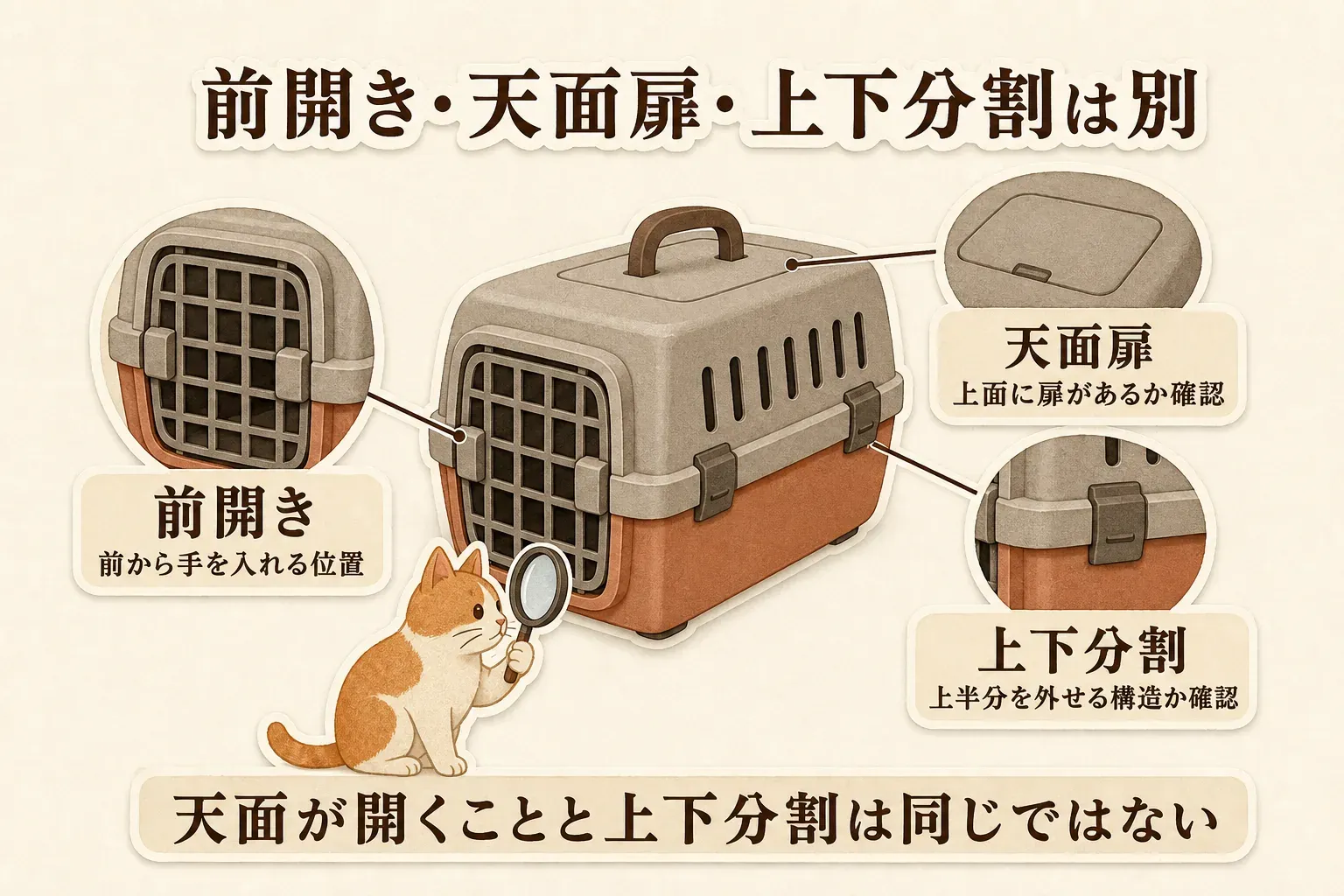 猫用ハードキャリーの前開きは前から手を入れる位置、天面扉は上面に扉があるか、上下分割は上半分を外せる構造かをそれぞれ確認することを示し、天面が開くことと上下分割は同じではないと説明する図