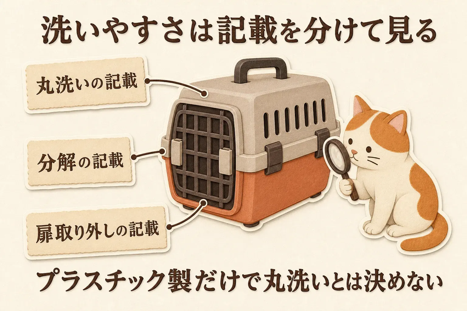 猫用ハードキャリーの洗いやすさを確認する際は、丸洗いの記載、分解の記載、扉取り外しの記載を分けて見て、プラスチック製という材質だけで丸洗いできるとは決めないことを示す図
