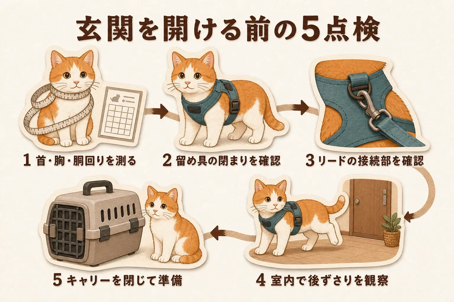 玄関を開ける前に、猫の首・胸・胴回りを測り、ハーネスの留め具、リードの接続部、室内で後ずさりしたときの状態を確認し、最後にキャリーを閉じて準備する5項目を示す図