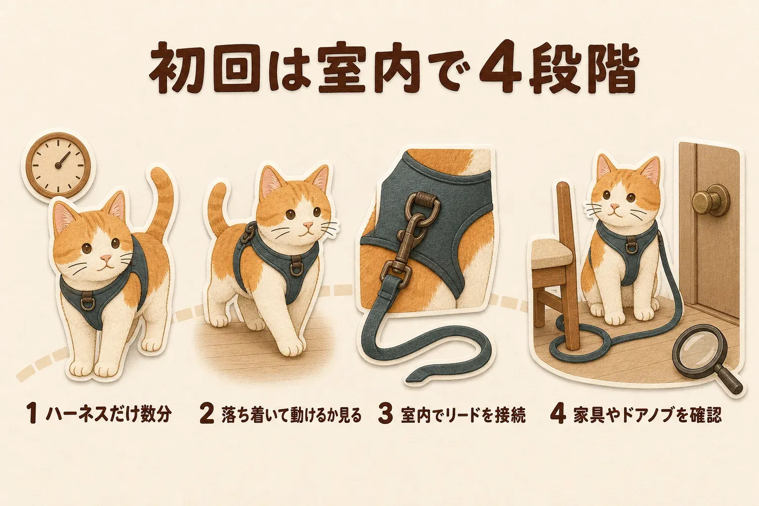 猫のハーネスに初めて慣らすときは、室内でハーネスだけを数分着け、落ち着いて動けるかを見てからリードを接続し、家具やドアノブに引っ掛からないか確認する4段階を示す図