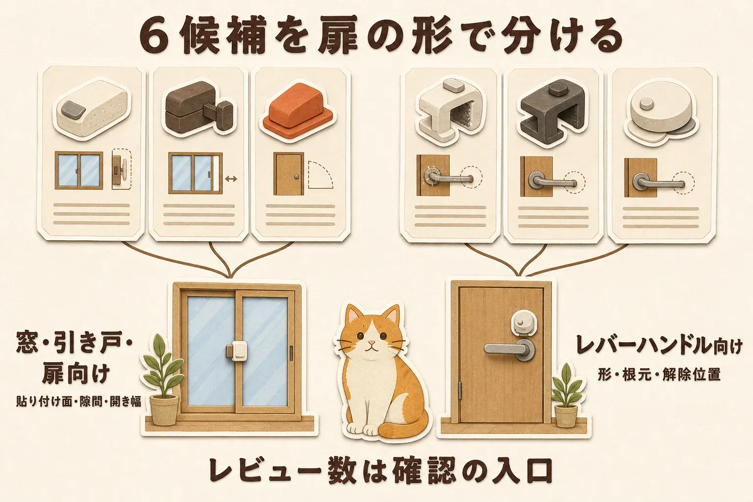 レビュー数順の室内ドア用ロック6候補を、窓・引き戸・扉に使う貼り付け式と、レバーハンドル向けのタイプに分け、各候補で確認する貼り付け面・隙間・片手操作・解除方法などを示す図