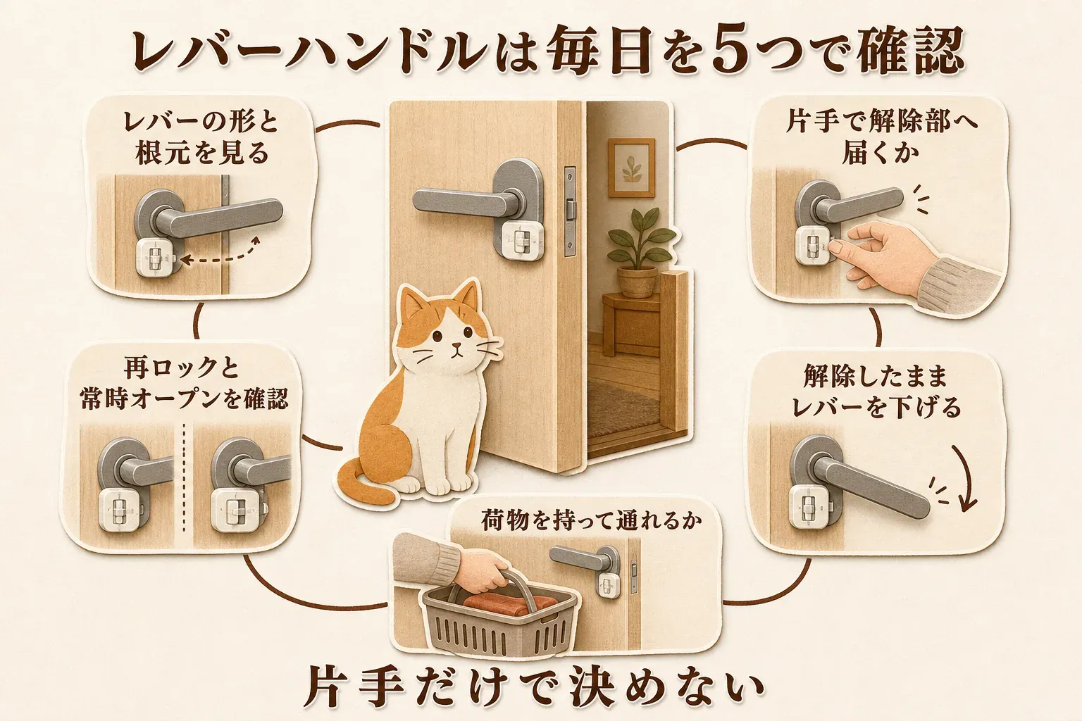レバーハンドル用ロックの日常使用で確認する点として、レバーの形と根元の段差、片手で解除してレバーを下げられるか、荷物を持っていても解除部へ届くか、通過後に自然に再ロックできるか、常時オープン時の扱いを示す図