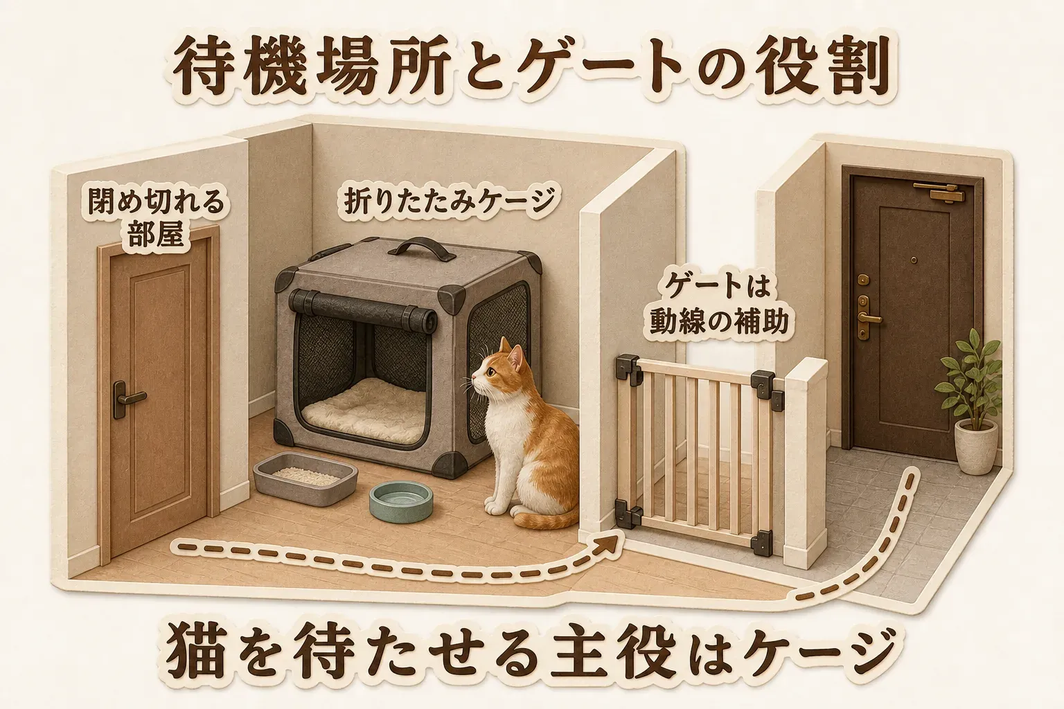 閉め切れる部屋にトイレ・水・敷物を入れた折りたたみケージを置いて猫を待たせ、玄関までの動線には補助として脱走防止ゲートを設置する役割分担を示す図