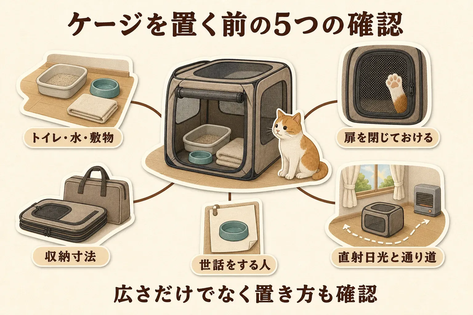 折りたたみケージを置く前に、トイレ・水・敷物を置ける広さ、扉を閉じておけること、収納寸法、直射日光と荷物の通り道を避ける位置、世話をする人を確認する5項目を示す図